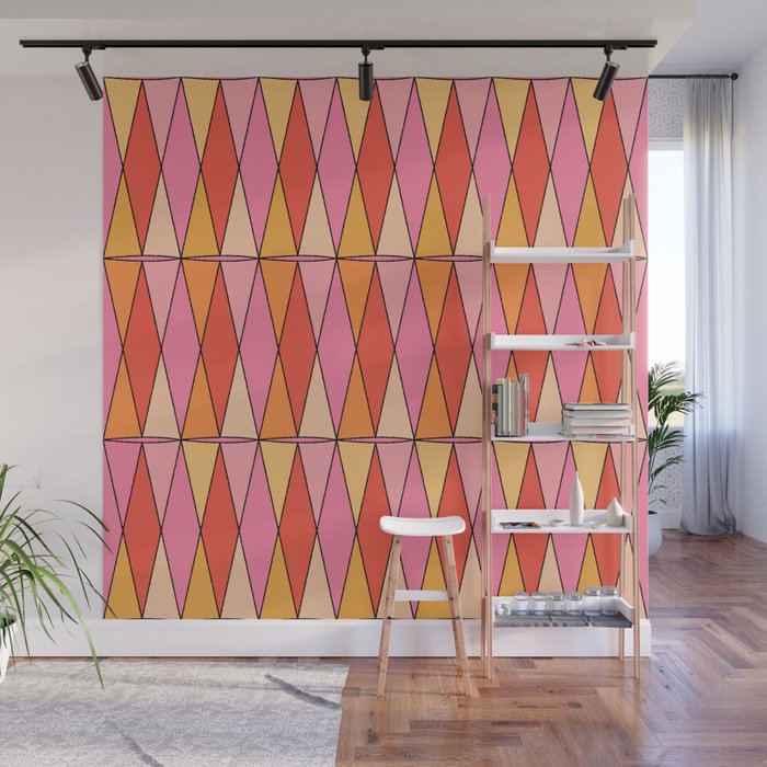 Retro Harlequin Colorful Mid Century Geometric Pattern Pink Orange Yellow Wall Mural Gallery Image 1