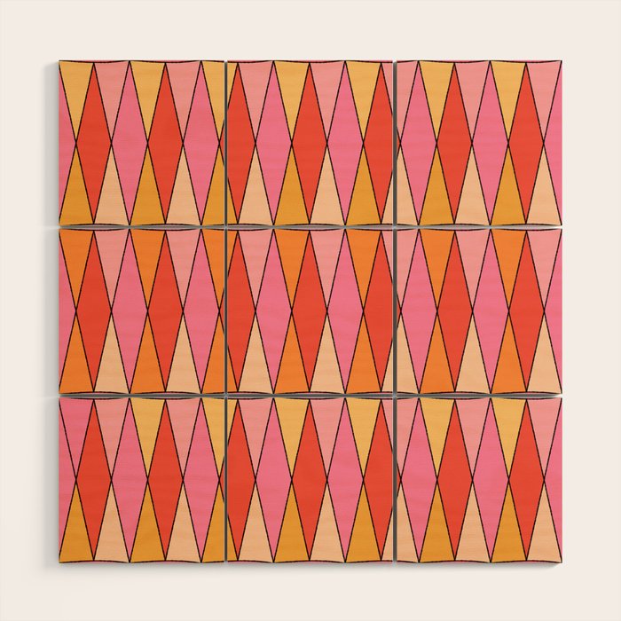 Retro Harlequin Colorful Mid Century Geometric Pattern Pink Orange Yellow Wood Wall Art Gallery Image 1