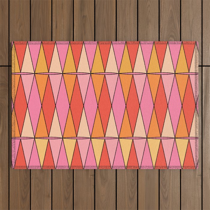 Retro Harlequin Colorful Mid Century Geometric Pattern Pink Orange Yellow Outdoor Rug Gallery Image 1