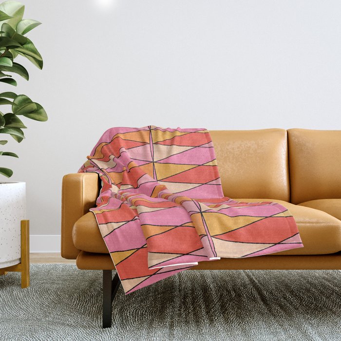 Retro Harlequin Colorful Mid Century Geometric Pattern Pink Orange Yellow Throw Blanket Gallery Image 1