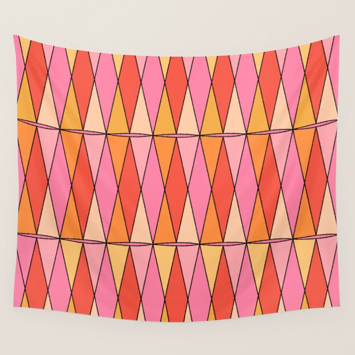 Retro Harlequin Colorful Mid Century Geometric Pattern Pink Orange Yellow Wall Tapestry Gallery Image 4