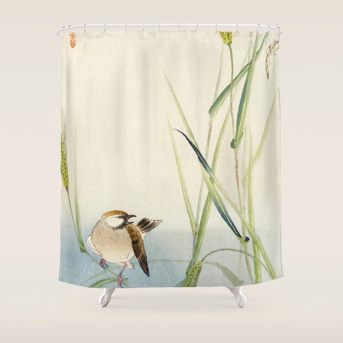 Sparrow and Butterfly  - Vintage Japanese Woodblock Print Art Shower Curtain Gallery Image 1