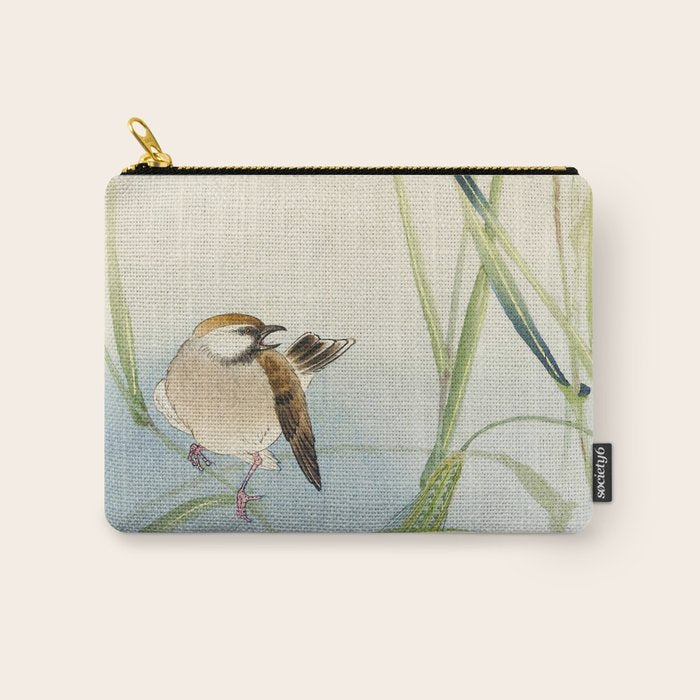 Sparrow and Butterfly  - Vintage Japanese Woodblock Print Art Carry All Pouch Gallery Image 1