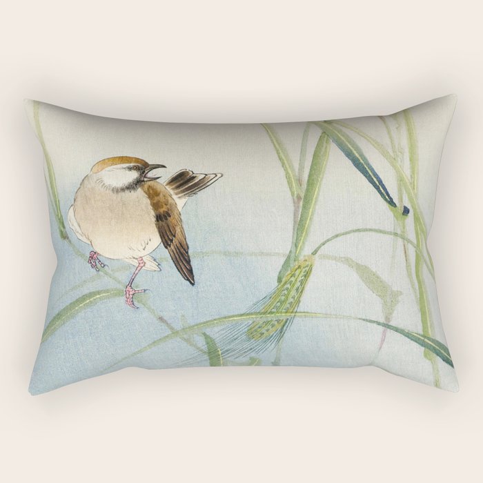 Sparrow and Butterfly  - Vintage Japanese Woodblock Print Art Rectangular Pillow Gallery Image 2