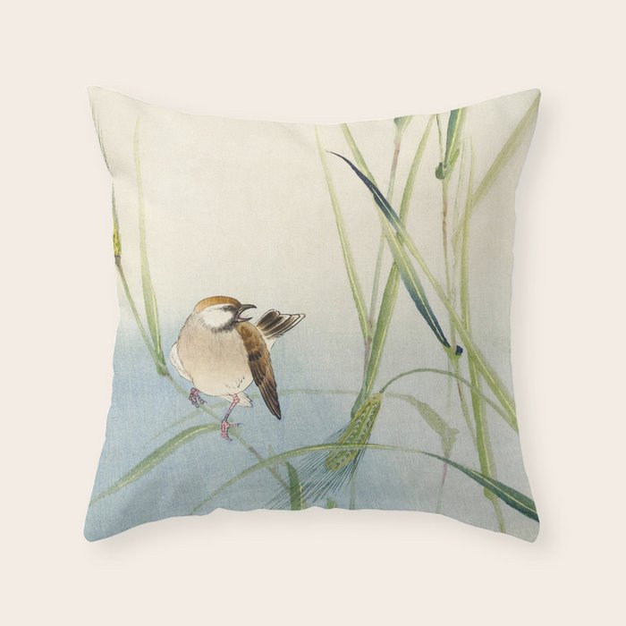 Sparrow and Butterfly  - Vintage Japanese Woodblock Print Art Throw Pillow Gallery Image 6