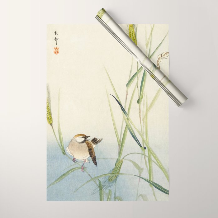 Sparrow and Butterfly  - Vintage Japanese Woodblock Print Art Wrapping Paper Gallery Image 1