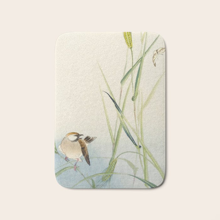 Sparrow and Butterfly  - Vintage Japanese Woodblock Print Art Bath Mat Gallery Image 1