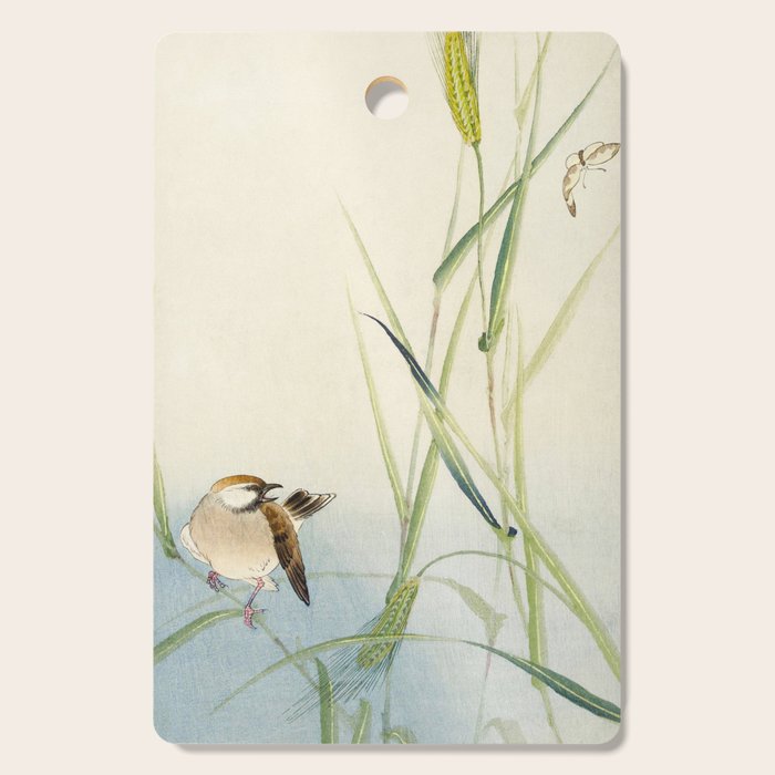 Sparrow and Butterfly  - Vintage Japanese Woodblock Print Art Cutting Board Gallery Image 1