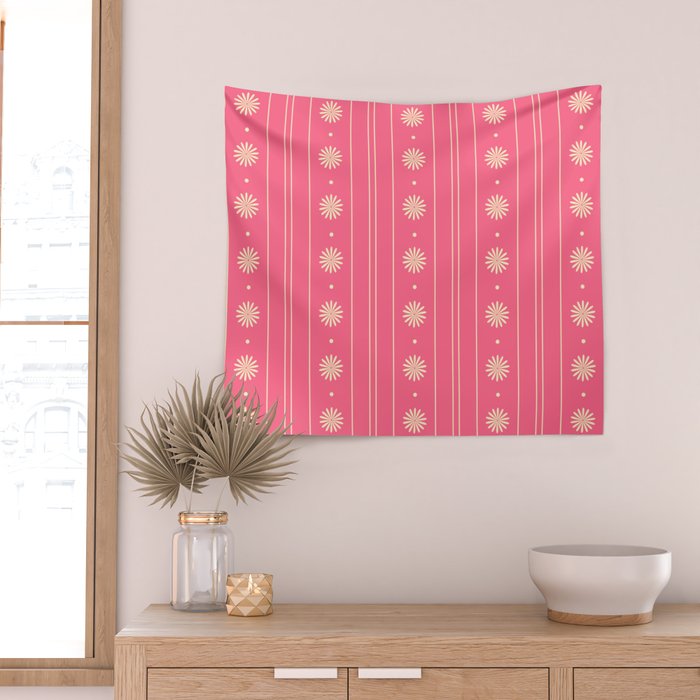 Daisy Stripes Pattern in Pink and Cream Wall Tapestry Gallery Image 2
