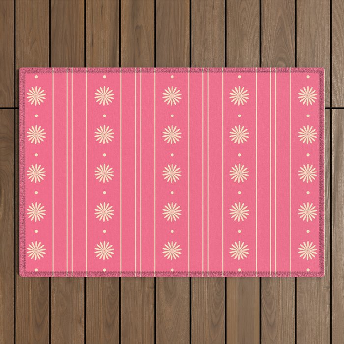 Daisy Stripes Pattern in Pink and Cream Outdoor Rug Gallery Image 1