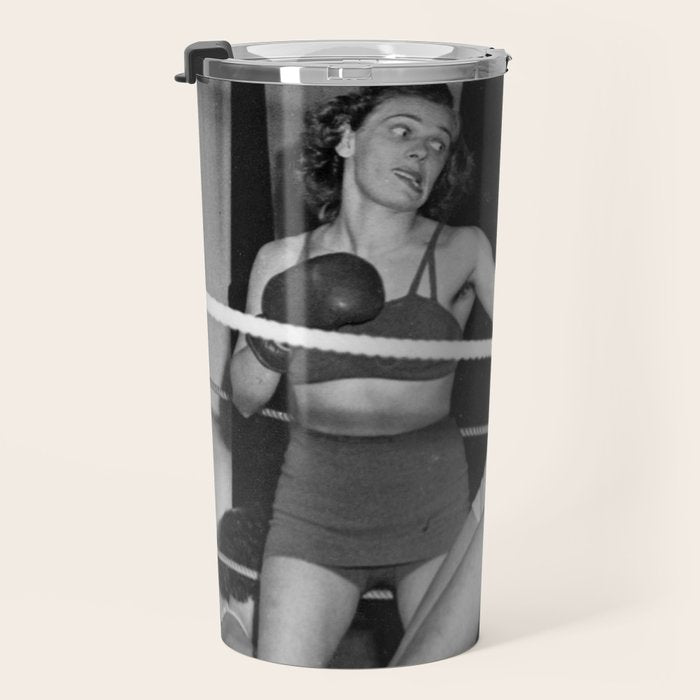 Oh, no she didn't! female boxer knocking out other female boxer vintage sports black and white photograph - photography - photographs Travel Mug Gallery Image 3