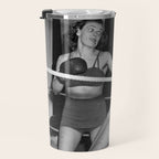 Oh, no she didn't! female boxer knocking out other female boxer vintage sports black and white photograph - photography - photographs Travel Mug Gallery Image 3