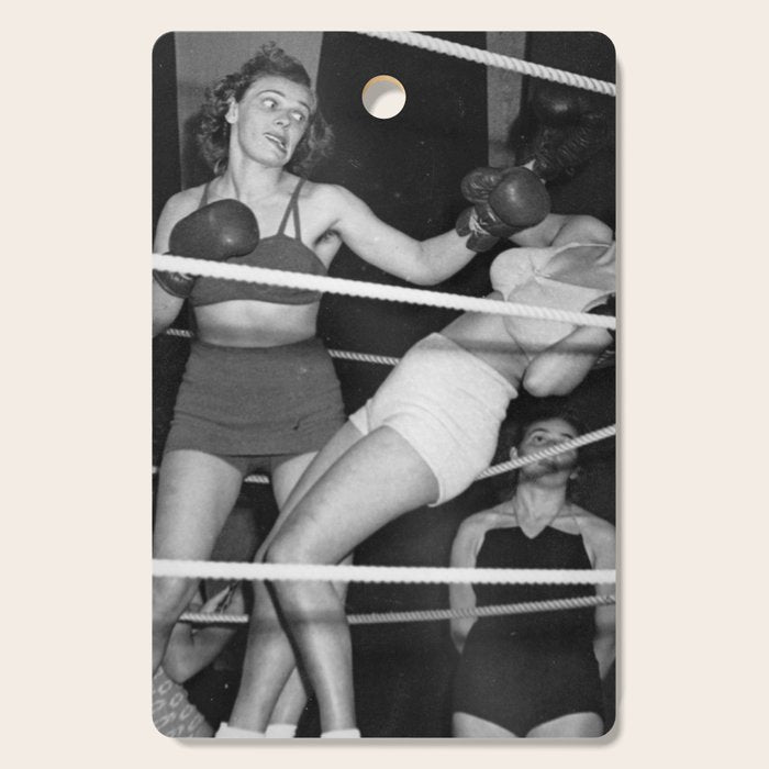 Oh, no she didn't! female boxer knocking out other female boxer vintage sports black and white photograph - photography - photographs Cutting Board Gallery Image 1