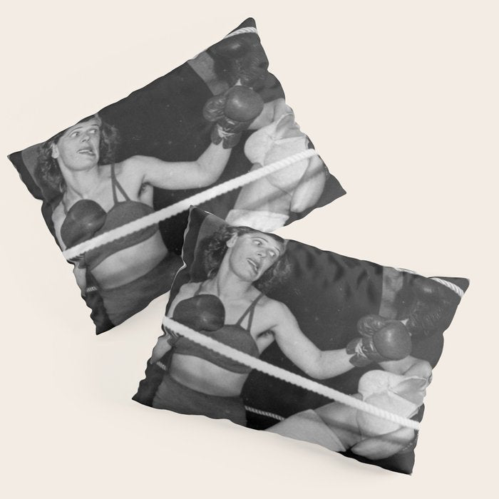 Oh, no she didn't! female boxer knocking out other female boxer vintage sports black and white photograph - photography - photographs Pillow Sham Gallery Image 1