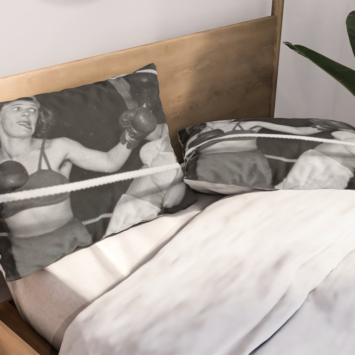 Oh, no she didn't! female boxer knocking out other female boxer vintage sports black and white photograph - photography - photographs Pillow Sham Gallery Image 2