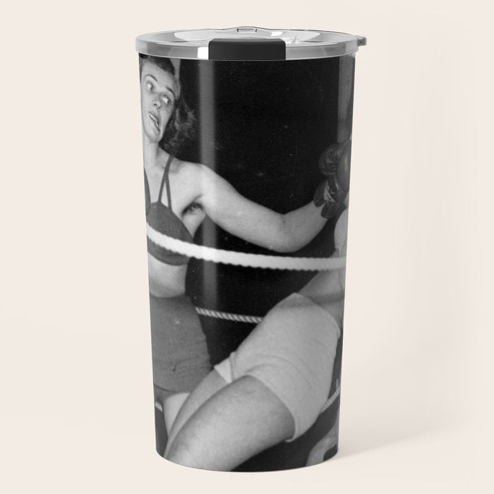 Oh, no she didn't! female boxer knocking out other female boxer vintage sports black and white photograph - photography - photographs Travel Mug Gallery Image 1
