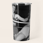 Oh, no she didn't! female boxer knocking out other female boxer vintage sports black and white photograph - photography - photographs Travel Mug Gallery Image 1