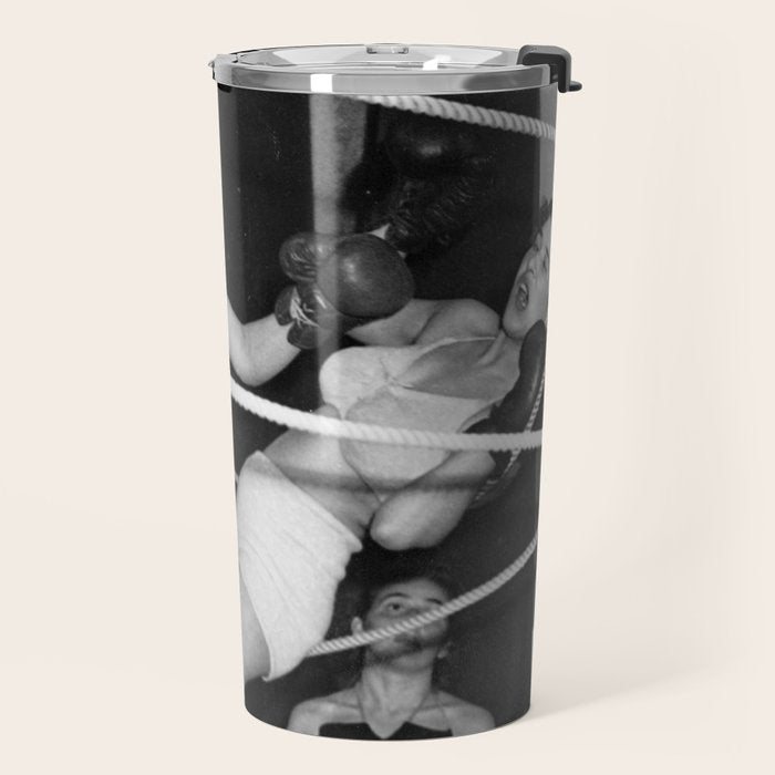 Oh, no she didn't! female boxer knocking out other female boxer vintage sports black and white photograph - photography - photographs Travel Mug Gallery Image 2