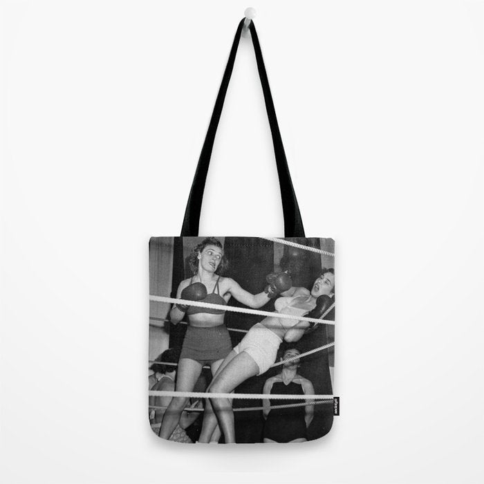 Oh, no she didn't! female boxer knocking out other female boxer vintage sports black and white photograph - photography - photographs Tote Bag Gallery Image 2