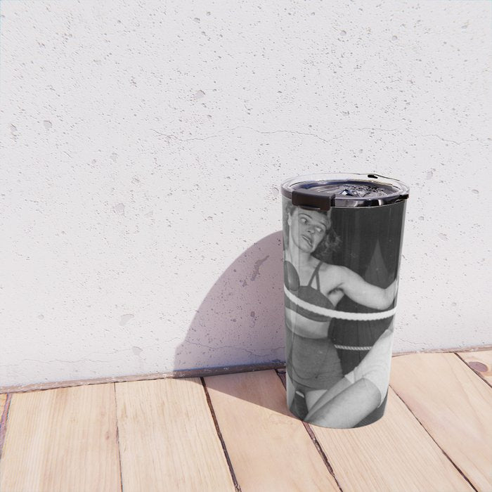 Oh, no she didn't! female boxer knocking out other female boxer vintage sports black and white photograph - photography - photographs Travel Mug Gallery Image 4