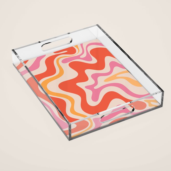 Retro Liquid Swirl Abstract Pattern in Retro Pink and Orange Acrylic Tray Gallery Image 1