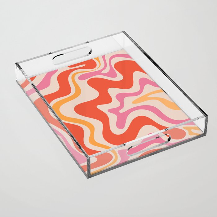 Retro Liquid Swirl Abstract Pattern in Retro Pink and Orange Acrylic Tray Gallery Image 1