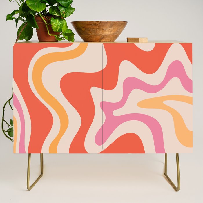 Retro Liquid Swirl Abstract Pattern in Retro Pink and Orange Credenza Gallery Image 1