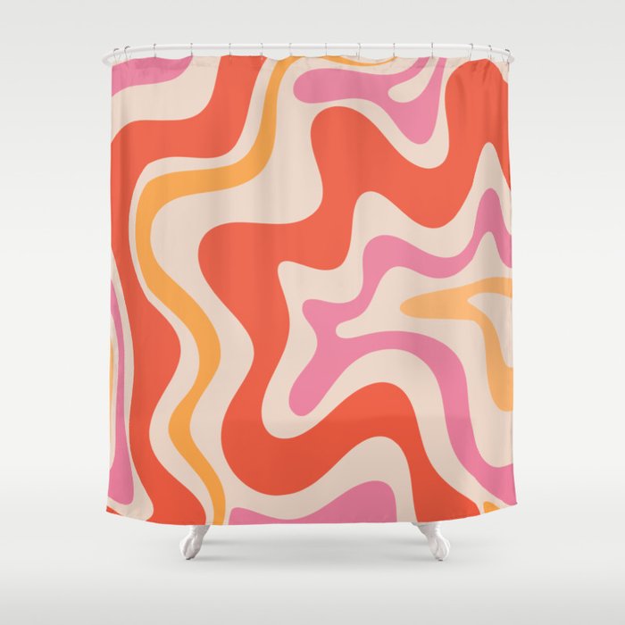 Retro Liquid Swirl Abstract Pattern in Retro Pink and Orange Shower Curtain Gallery Image 1