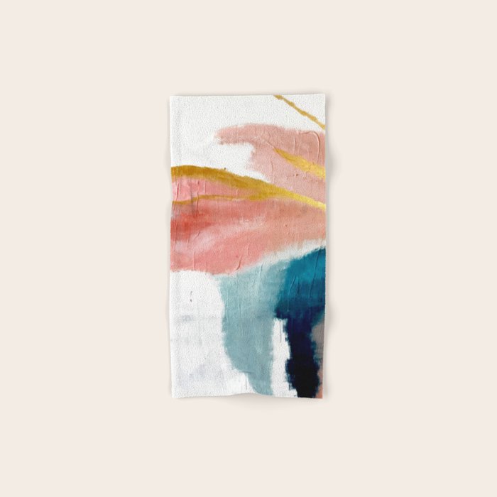 Exhale: a pretty, minimal, acrylic piece in pinks, blues, and gold Bath Towel Gallery Image 1