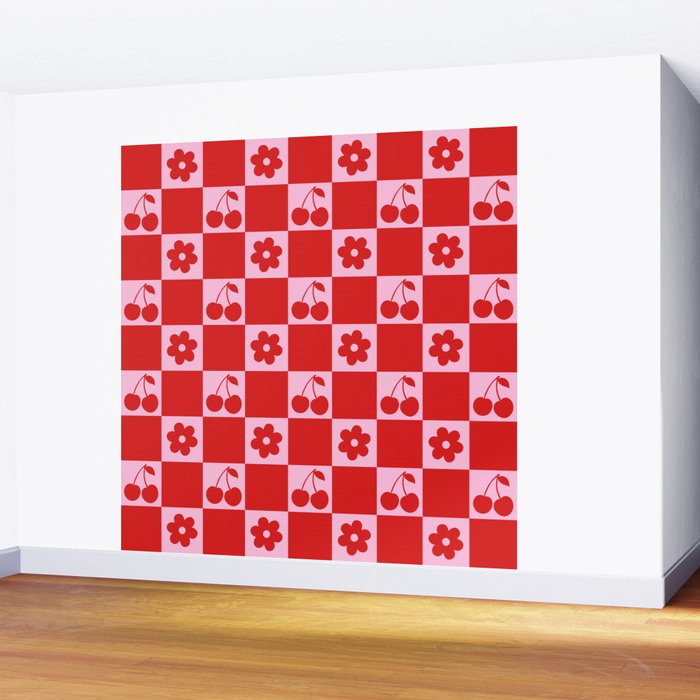 Cherry Flowers Pink & Red Checker Wall Mural Gallery Image 2