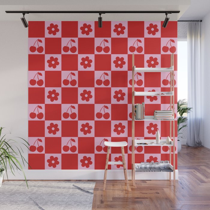 Cherry Flowers Pink & Red Checker Wall Mural Gallery Image 1