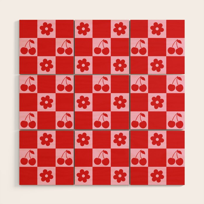 Cherry Flowers Pink & Red Checker Wood Wall Art Gallery Image 1