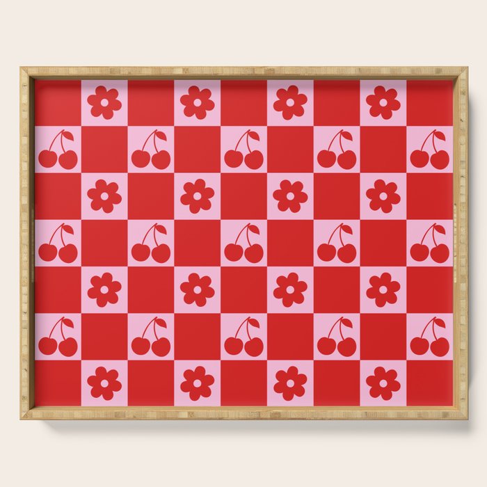 Cherry Flowers Pink & Red Checker Serving Tray Gallery Image 1
