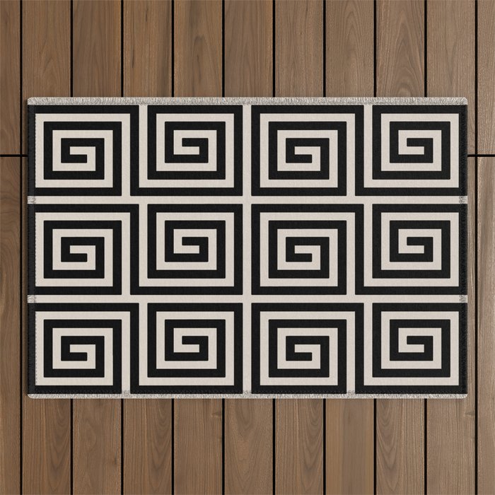 Greek Key Pattern 123 Black and Linen White Outdoor Rug Gallery Image 1