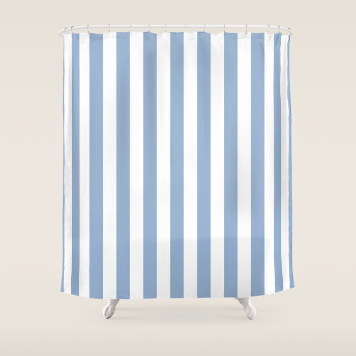 Cerulean Blue Vertical Beach Hut Stripes Shower Curtain Gallery Image 1