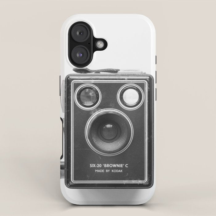 A Kodak Brownie analog vintage camera on a white background  Retro photography in black and white iPhone Case Gallery Image 1