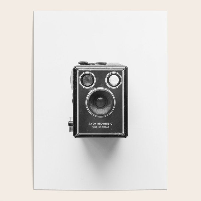 A Kodak Brownie analog vintage camera on a white background  Retro photography in black and white Poster Gallery Image 1
