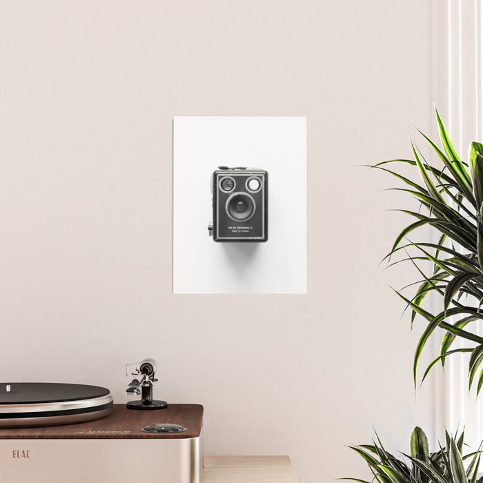 A Kodak Brownie analog vintage camera on a white background  Retro photography in black and white Poster Gallery Image 2