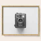 A Kodak Brownie analog vintage camera on a white background  Retro photography in black and white Serving Tray Gallery Image 1