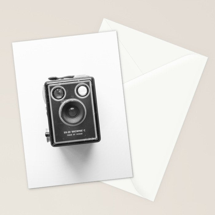 A Kodak Brownie analog vintage camera on a white background  Retro photography in black and white Stationery Card Gallery Image 2
