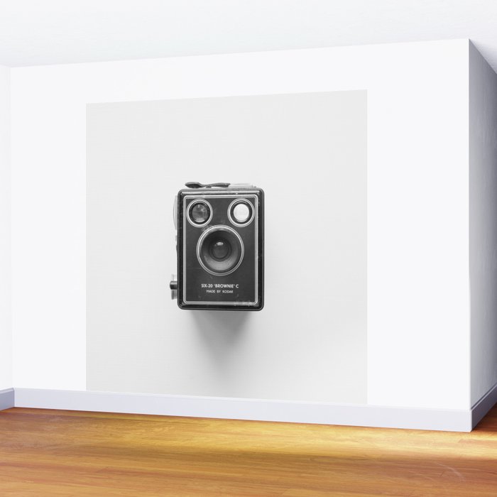 A Kodak Brownie analog vintage camera on a white background  Retro photography in black and white Wall Mural Gallery Image 2