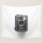 A Kodak Brownie analog vintage camera on a white background  Retro photography in black and white Wall Tapestry Gallery Image 4