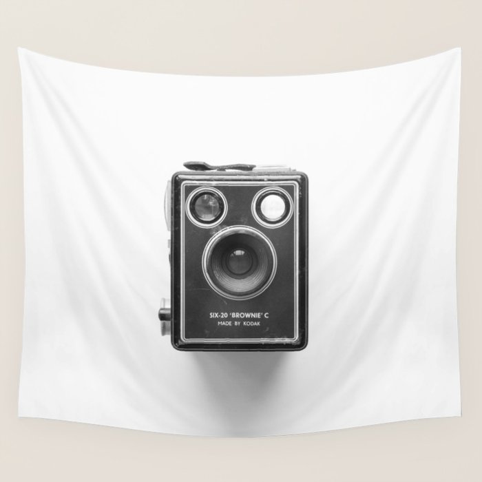 A Kodak Brownie analog vintage camera on a white background  Retro photography in black and white Wall Tapestry Gallery Image 4