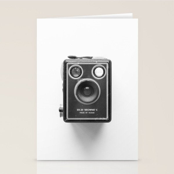 A Kodak Brownie analog vintage camera on a white background  Retro photography in black and white Stationery Card Gallery Image 2