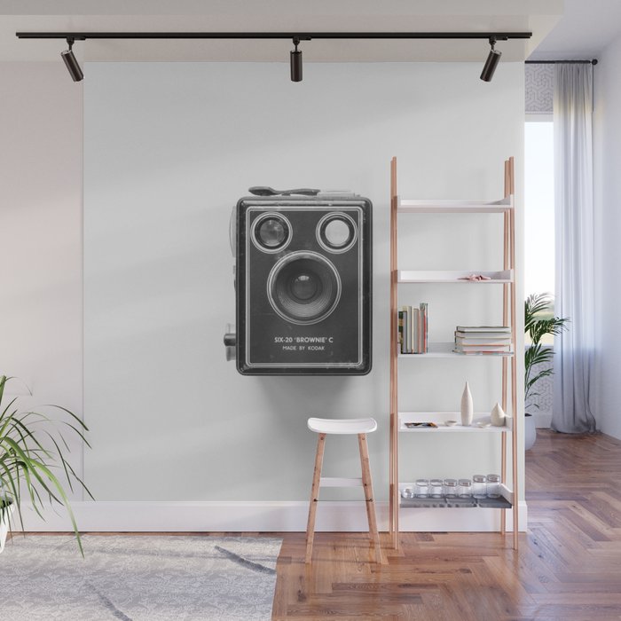 A Kodak Brownie analog vintage camera on a white background  Retro photography in black and white Wall Mural Gallery Image 1