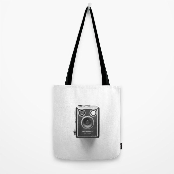 A Kodak Brownie analog vintage camera on a white background  Retro photography in black and white Tote Bag Gallery Image 2
