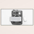 A Kodak Brownie analog vintage camera on a white background  Retro photography in black and white Desk Mat Gallery Image 1