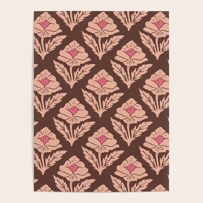 Heirloom Floral Block Print - Pink Brown Poster Gallery Image 4