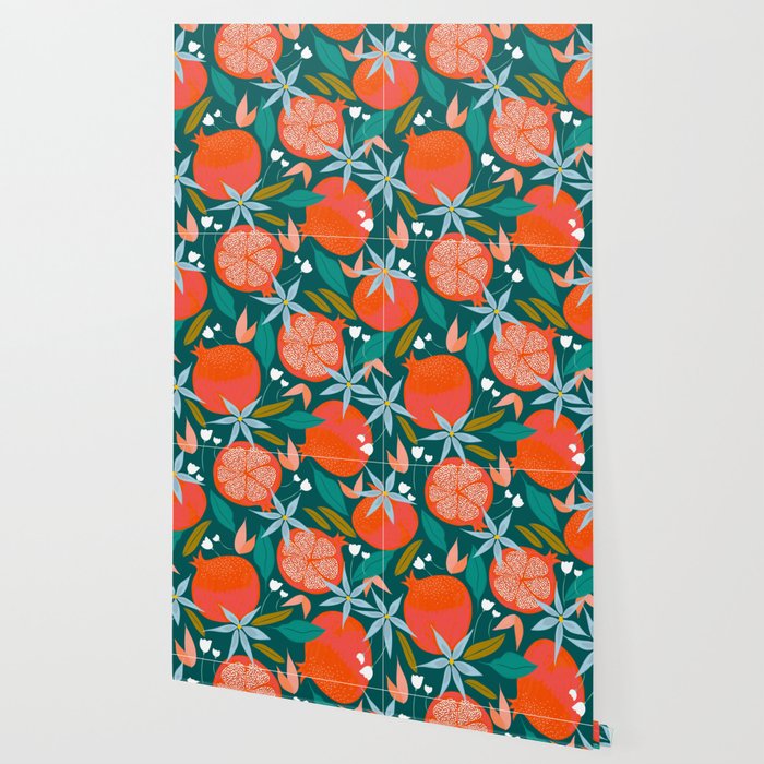 Summer Pomegranate, Tropical Fruit Illustration, Colorful Eclectic Bohemian Juicy Summer Botanical Wallpaper Gallery Image 2