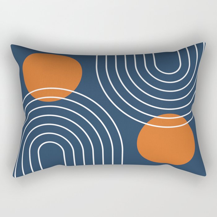 Mid Century Modern Geometric 83 in Navy Blue and Orange (Rainbow and Sun Abstraction) Rectangular Pillow Gallery Image 1